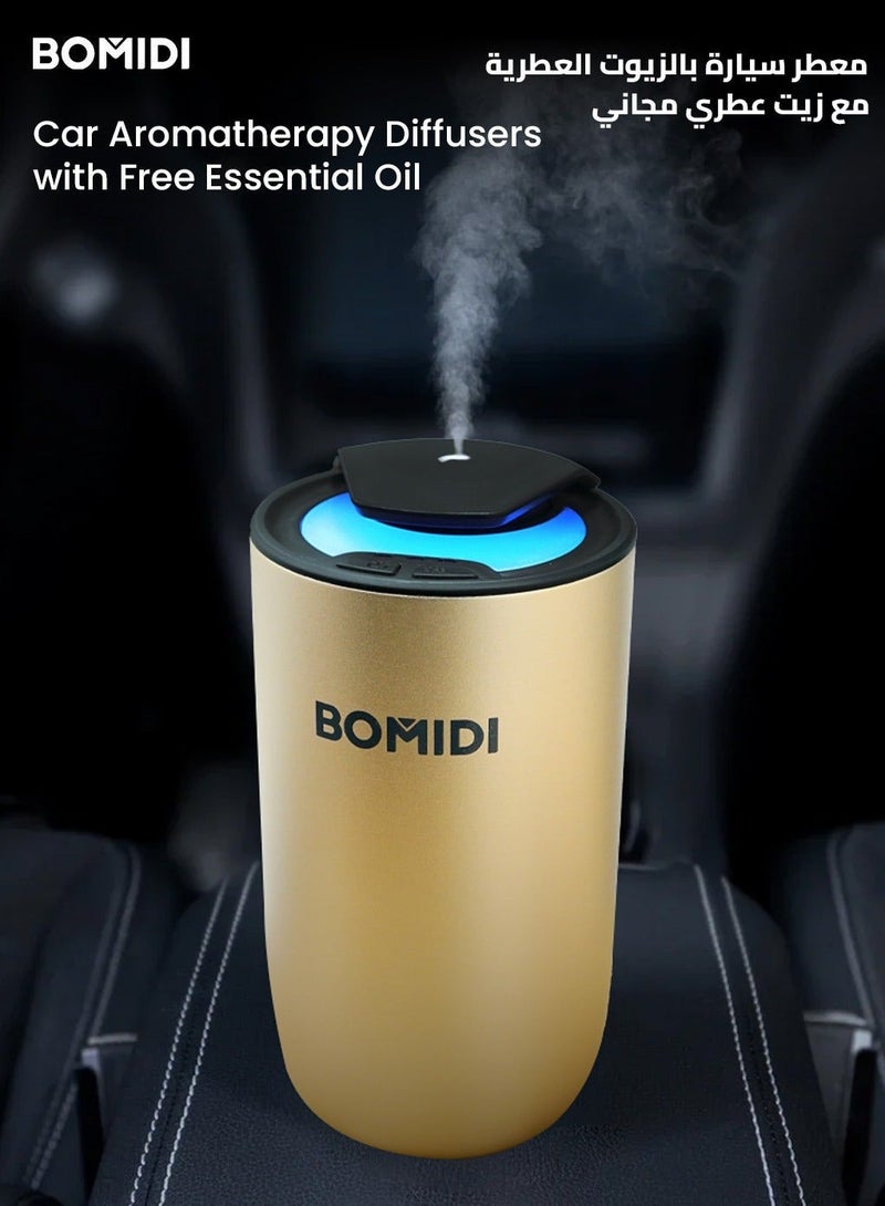 BOMIDI جهاز توزيع العطور بالنبضات بدون ماء – موزع زيت أساسي محمول برذاذ ناعم بسعة 2 سوائل للسيارة، المنزل، المكتب والسفر | قابل للشحن عبر USB 5V وType-C، بطارية 2 000 mAh، آلة رذاذ هواء منخفضة الضوضاء (< 41 ديسيبل) مع زيت كوت دازور بسعة 15 مل مضمونة، AD03-ذهبي - Image 2